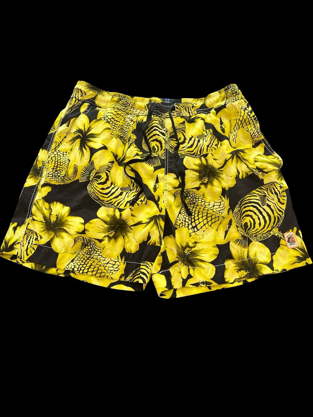 Tommy BAHAMA swim trunks -Men Sz L-Mesh lined-Drawstring-Yellow/Black-EUC-1130